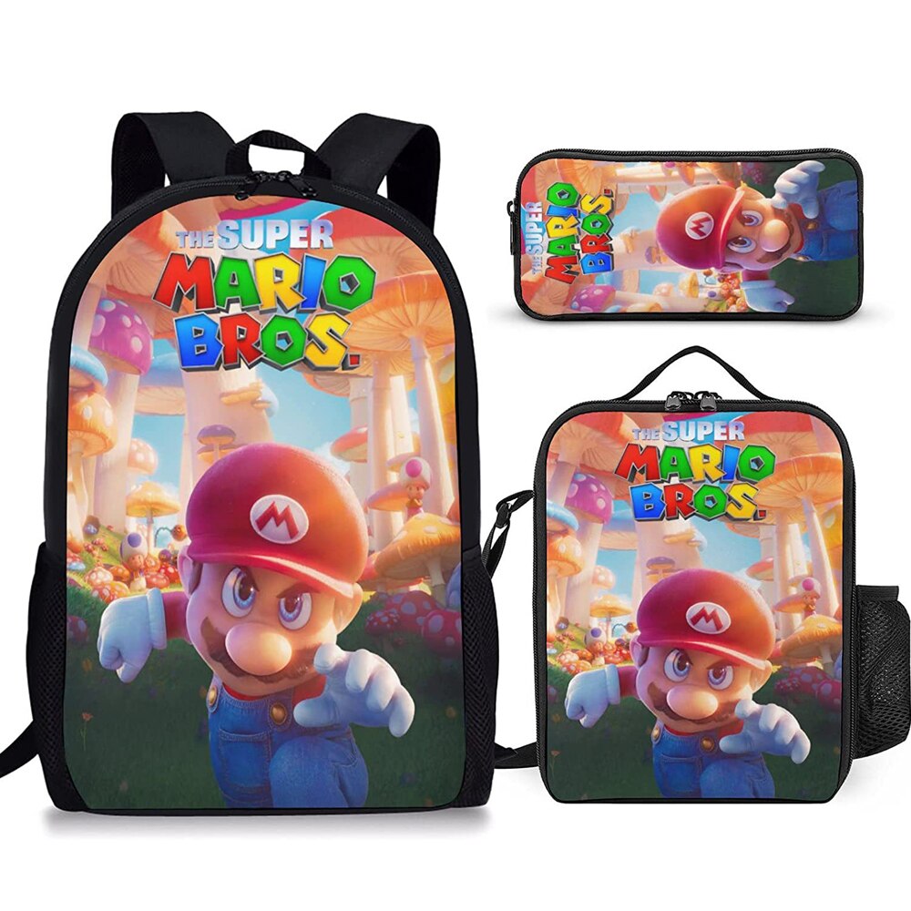 Kit escolar infantil do anime Super Mario com 3 peças bolsa +lancheira + estojo