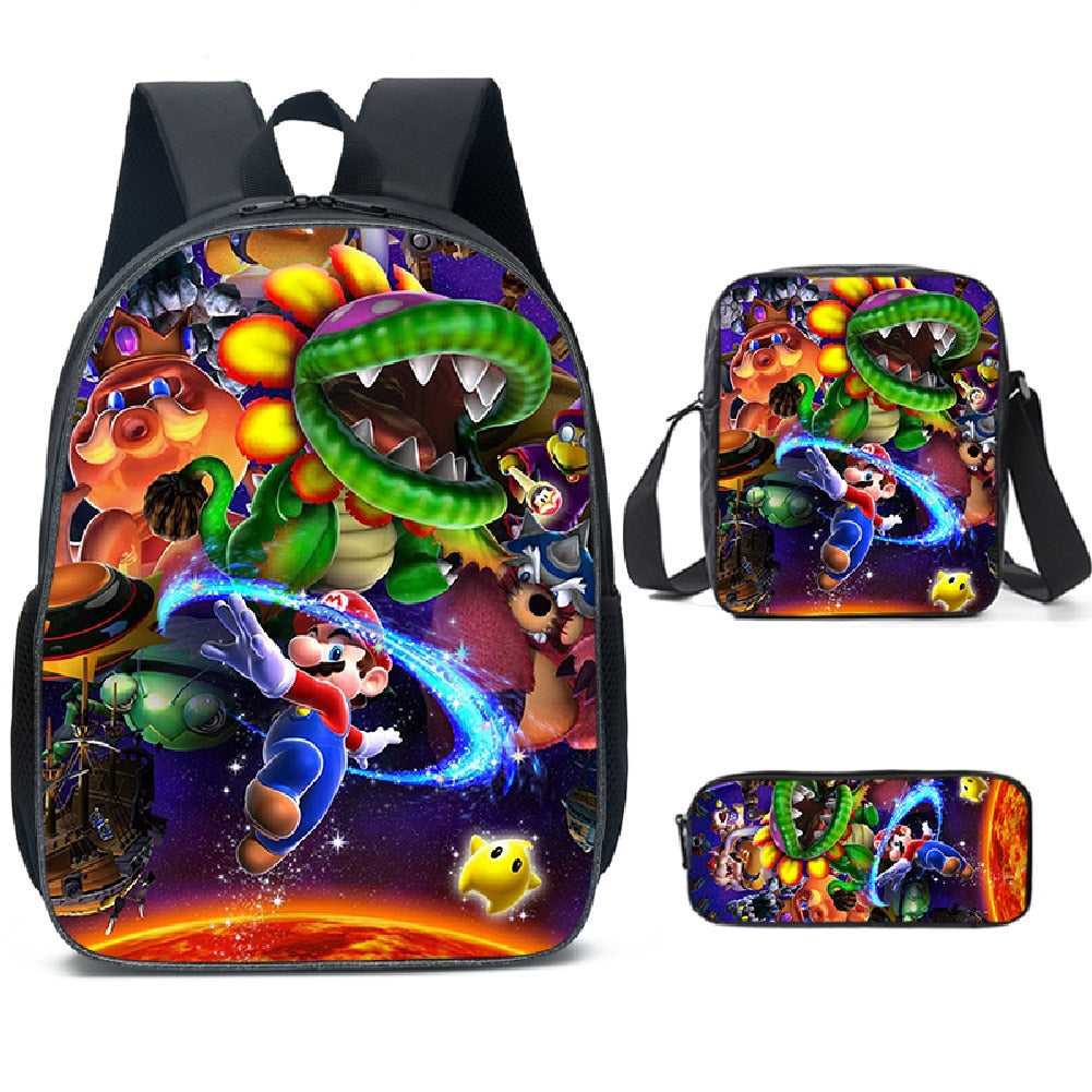 Kit escolar infantil do anime Super Mario com 3 peças bolsa +lancheira + estojo