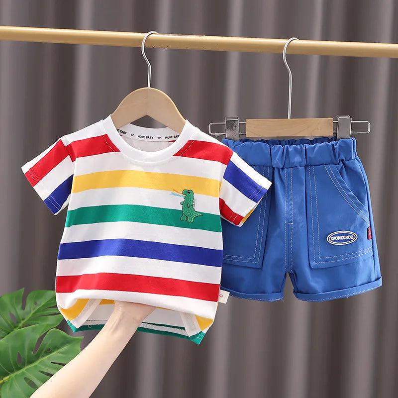 Conjunto de roupa para meninos com 3 peças de desenho animado dinossauro: Bolsa + Short + Camiseta