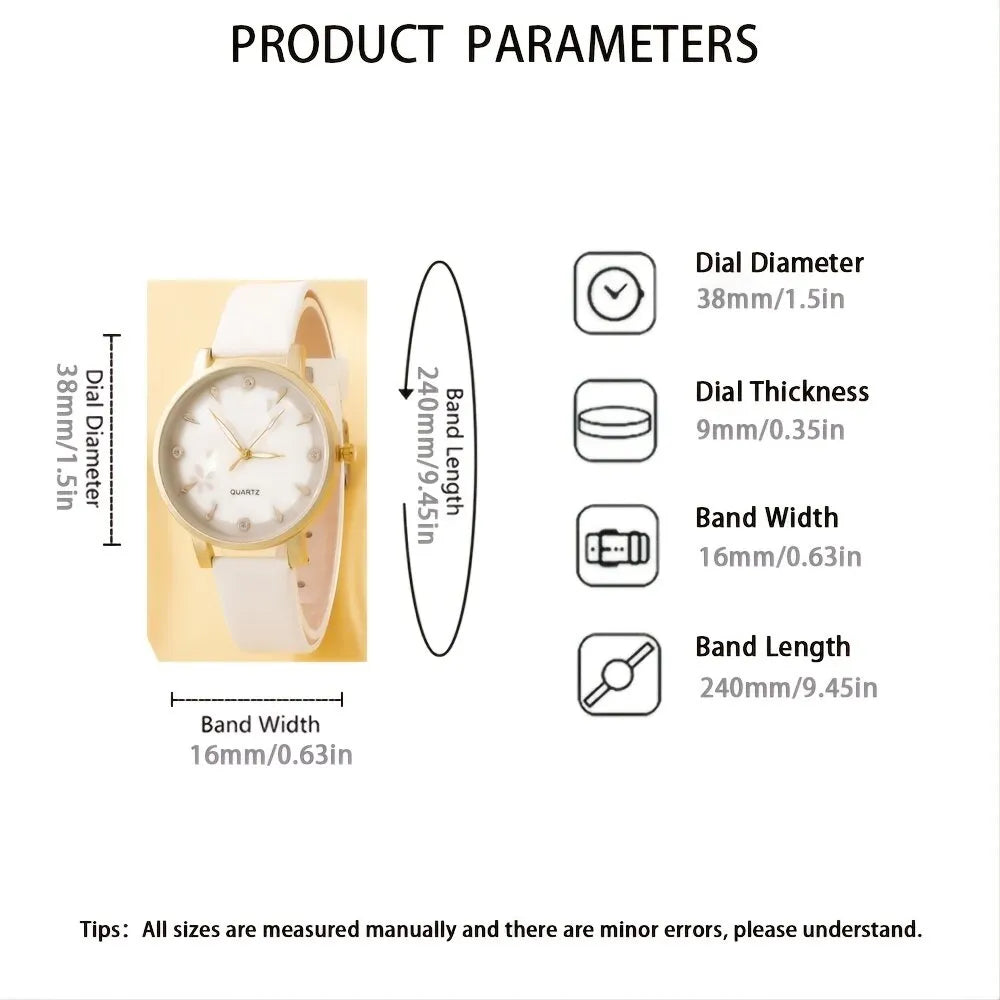 Relógio de couro com mostrador branco + 4 pulseiras