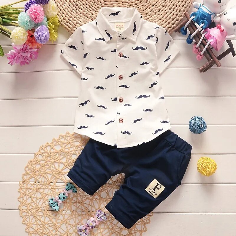 Conjunto infantil de menino moda verão: camisa curta polo + short de algodão com bolsos