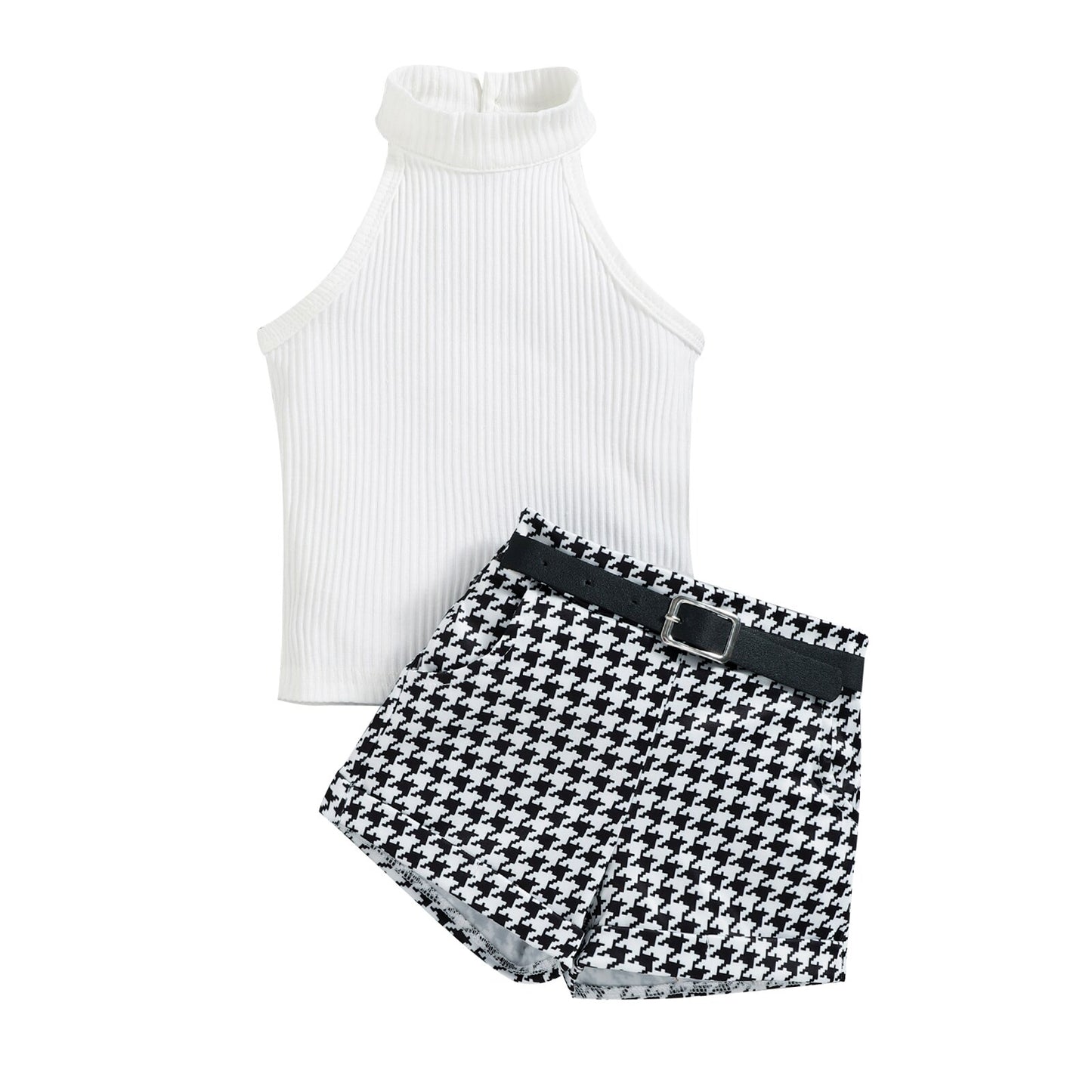 Conjunto de verão infantil feminino 3 peças short+cinto+regata