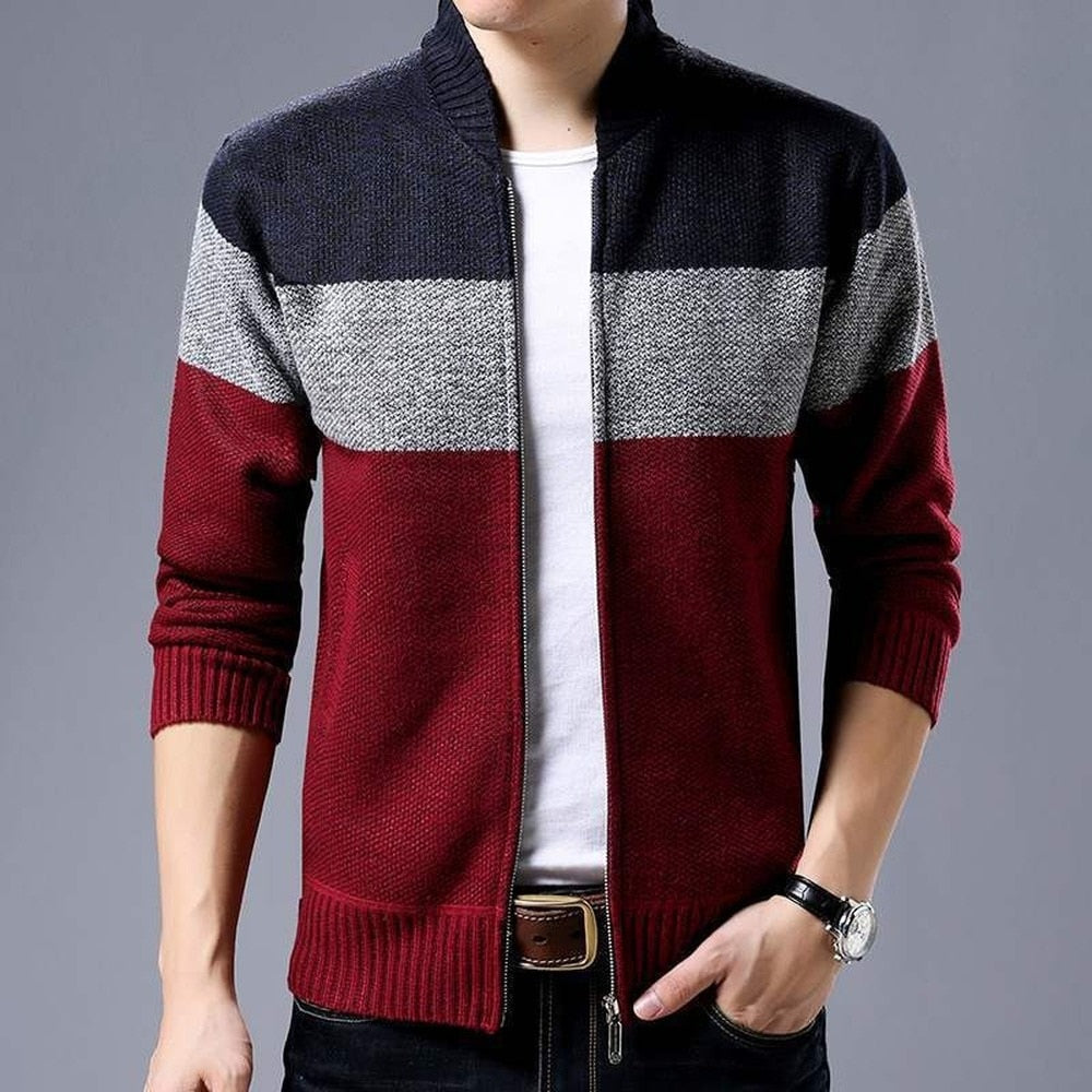 Jaqueta de malha cardigan masculina com costura colorblock