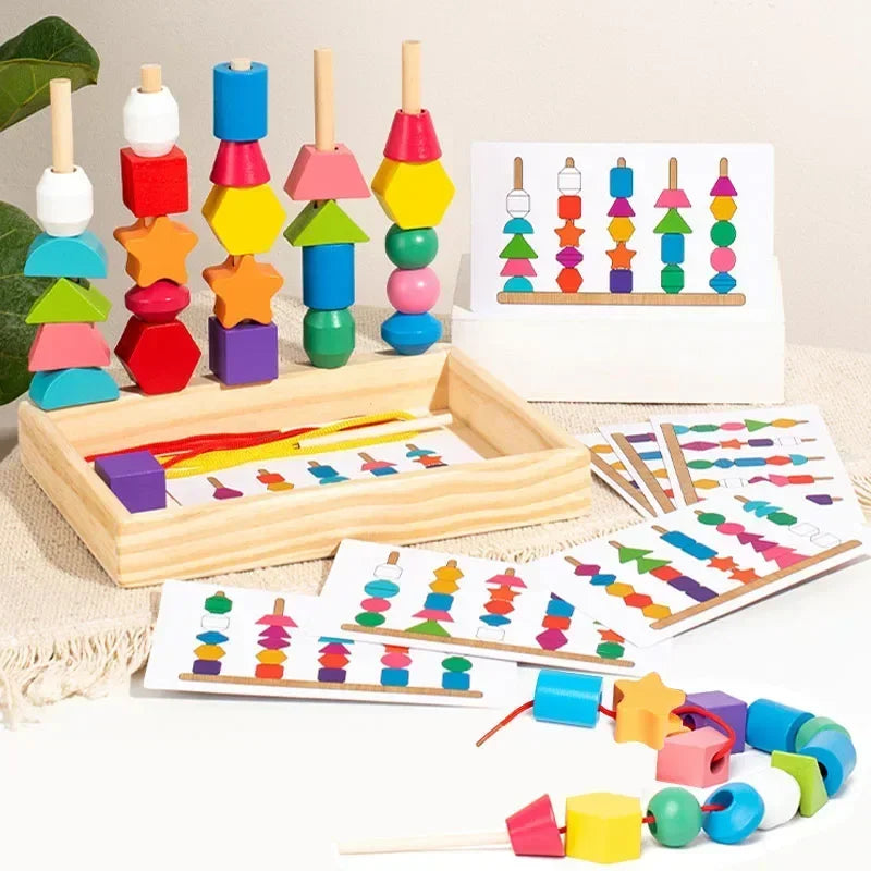 Quebra-cabeça de correspondência Montessori de madeira colorido frisado brinquedo cognitivo de educação infantil