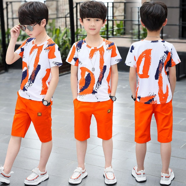 Conjunto de roupas esportivas para meninos, camiseta de manga curta + calças de verão