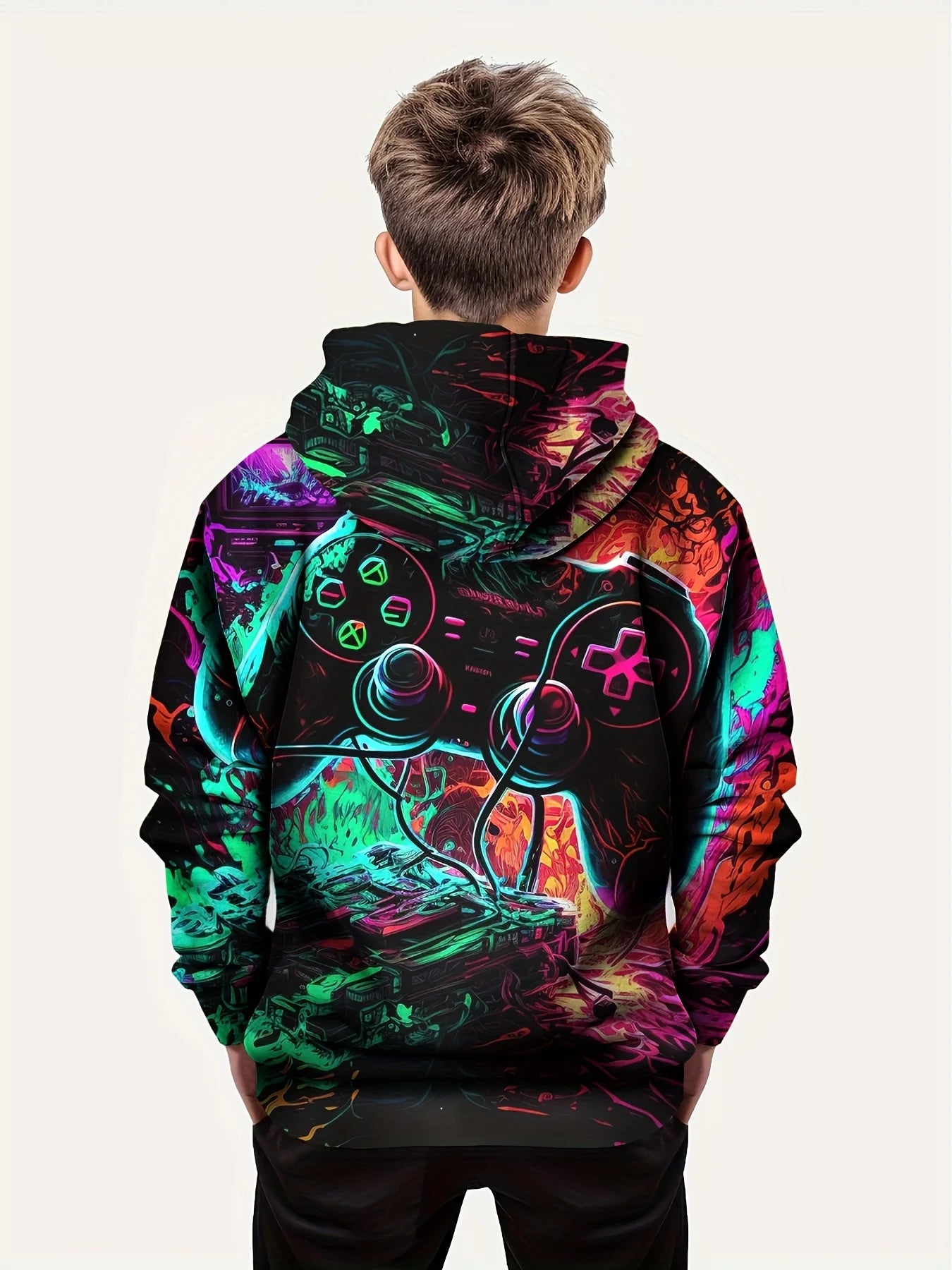 Blusa de moletom colorida estilosa com capuz para meninos desenho de Gamepad em 3D