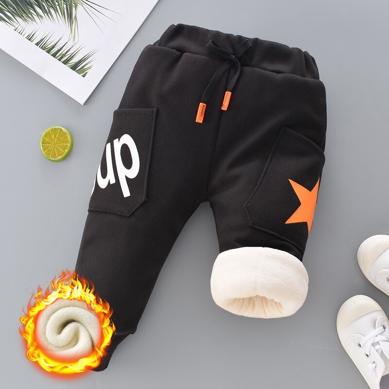 Calça infantil masculina com cintura elástica e velo acolchoado