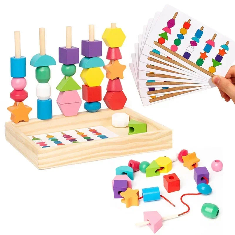 Quebra-cabeça de correspondência Montessori de madeira colorido frisado brinquedo cognitivo de educação infantil