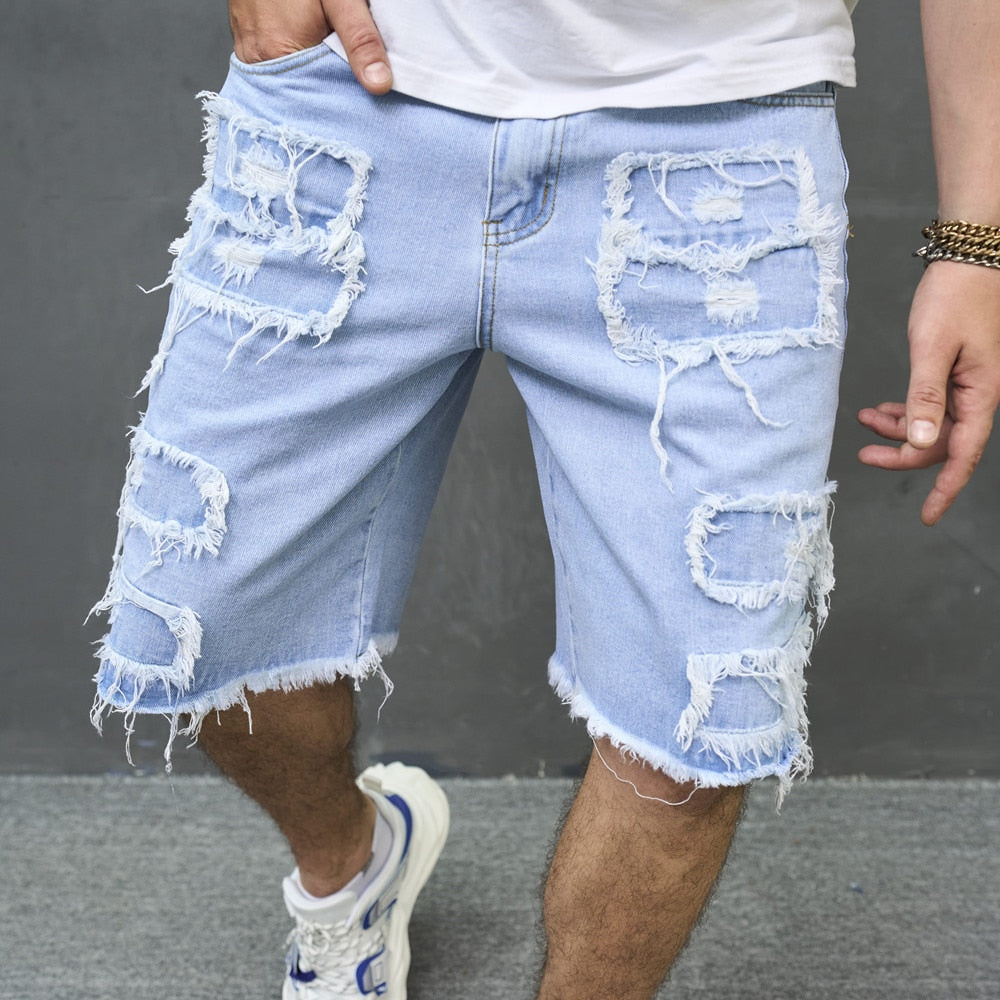 Shorts jeans com remendo rasgado elegante sólido casual
