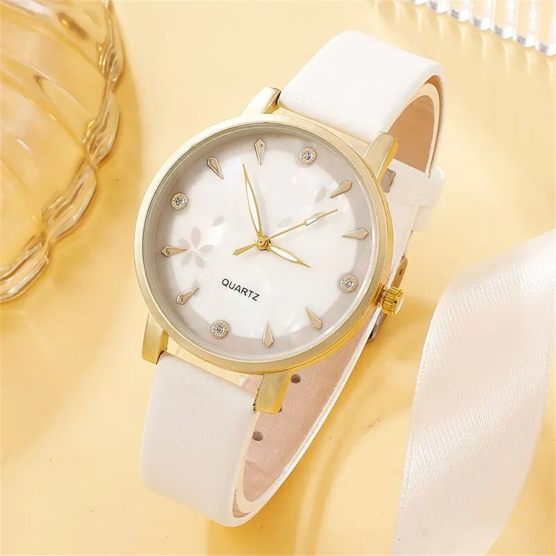 Relógio de couro com mostrador branco + 4 pulseiras