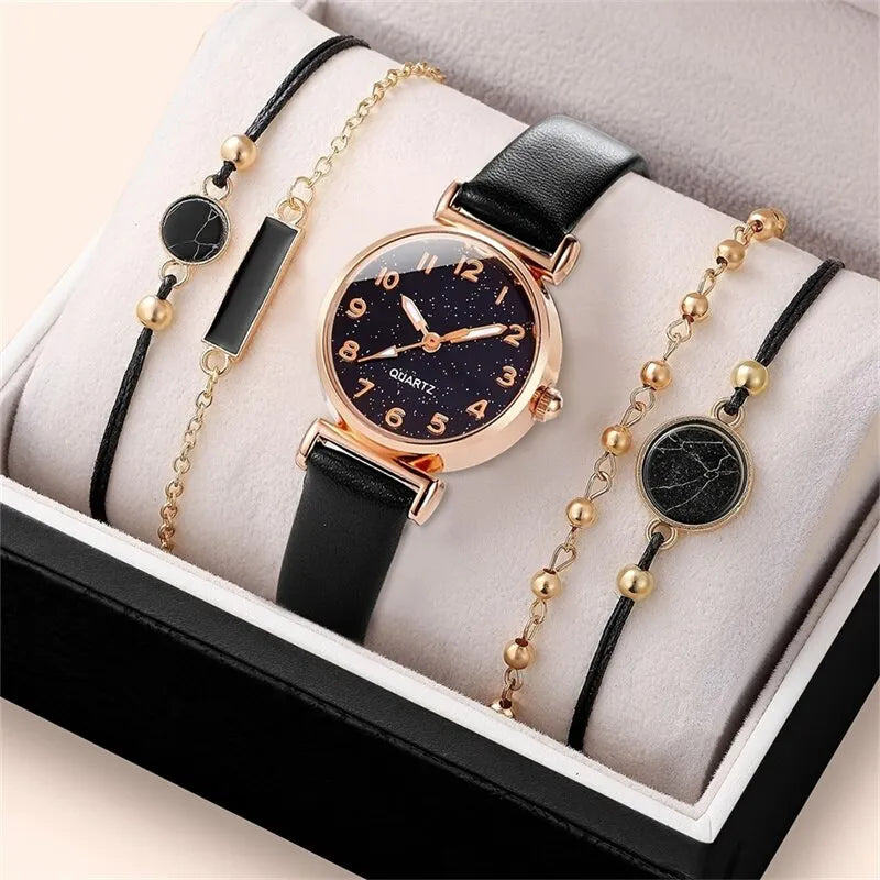 Conjunto feminino com 5 peças 1 relógio + 4 pulseiras