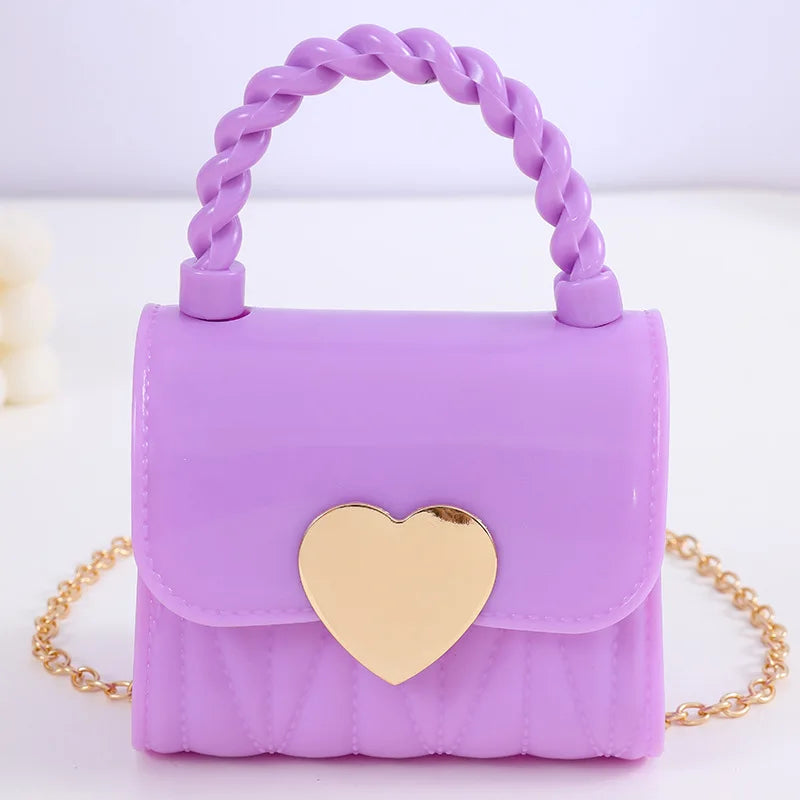 Mini bolsa de ombro fashion com fecho de coração para meninas 4-12 anos