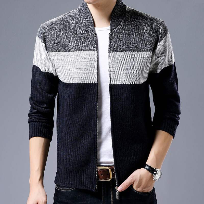 Jaqueta de malha cardigan masculina com costura colorblock