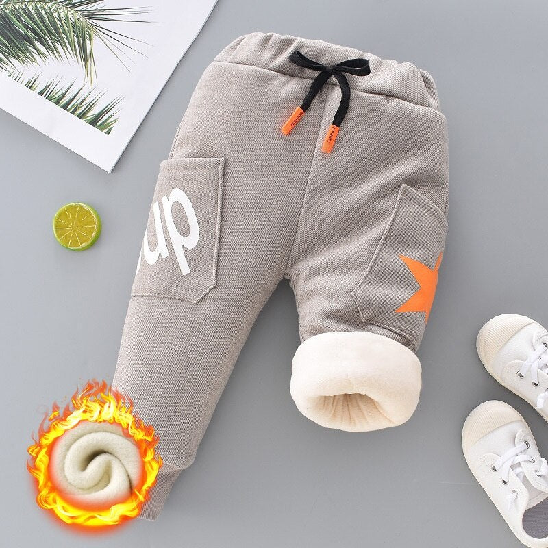 Calça infantil masculina com cintura elástica e velo acolchoado