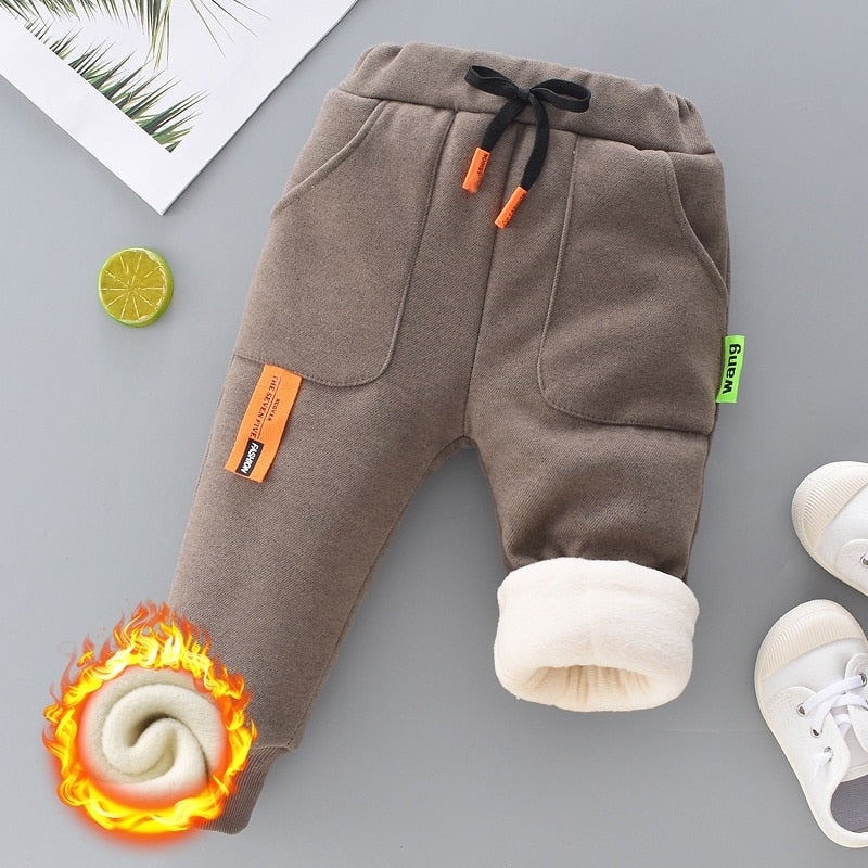 Calça infantil masculina com cintura elástica e velo acolchoado