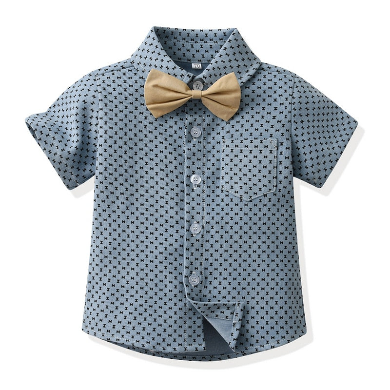 Conjunto casual para meninos com 2 peças camisa com gravata borboleta + short com suspensório