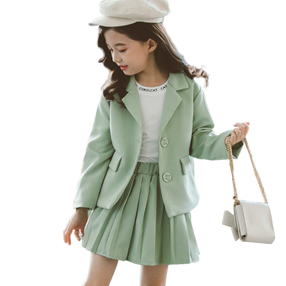 Roupa plissada infantil, saia e jaqueta para meninas, uniforme escolar de inverno