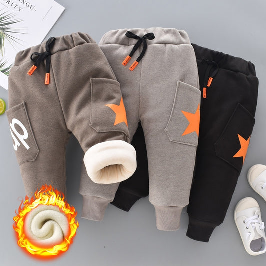 Calça infantil masculina com cintura elástica e velo acolchoado