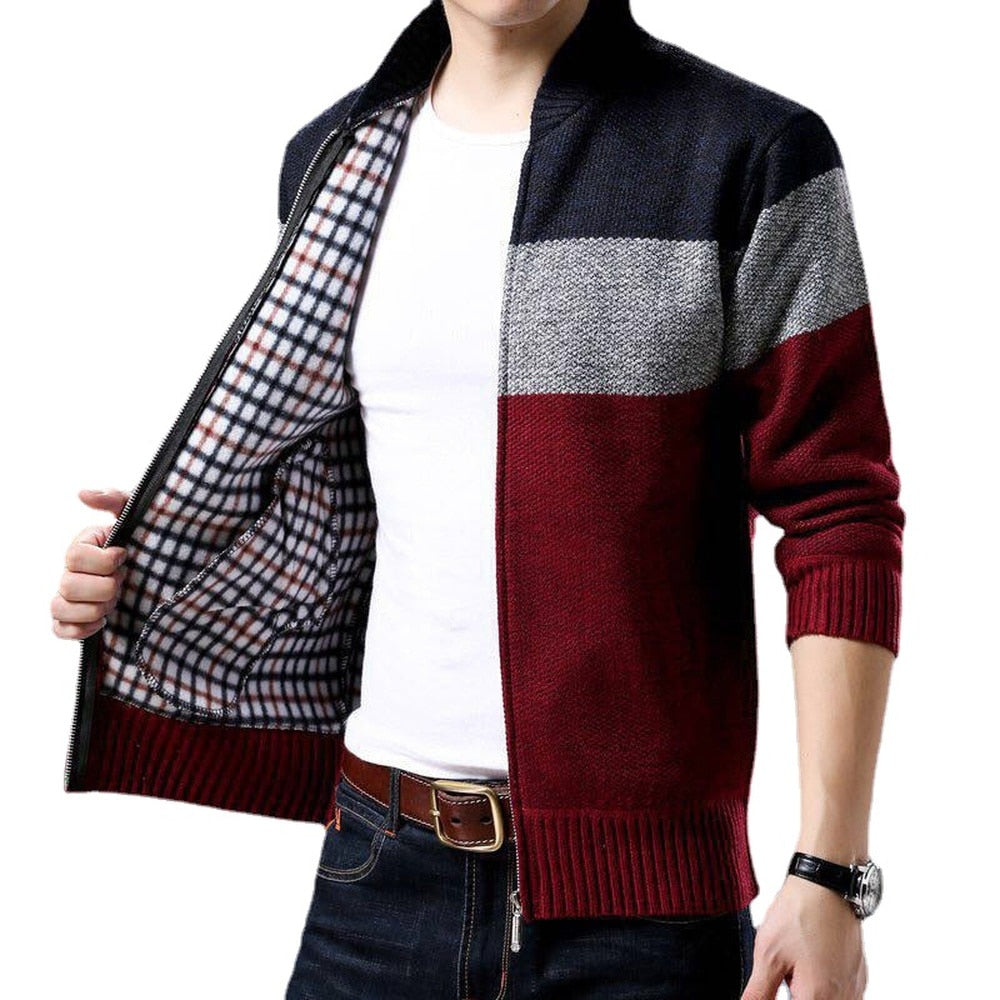 Jaqueta de malha cardigan masculina com costura colorblock