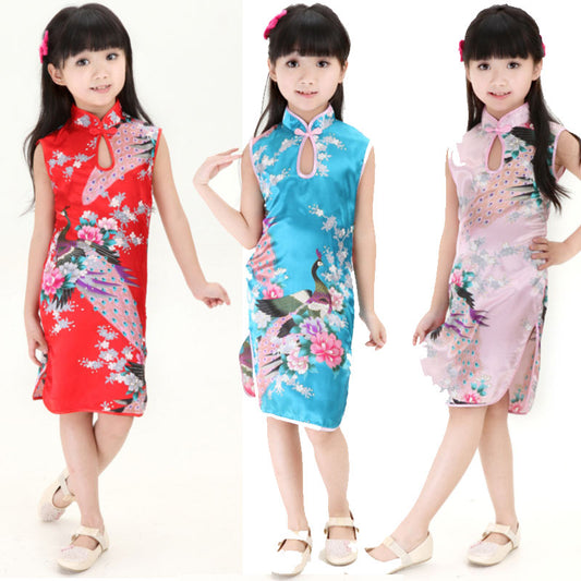 Vestido infantil floral feminino estilo chinês sem mangas