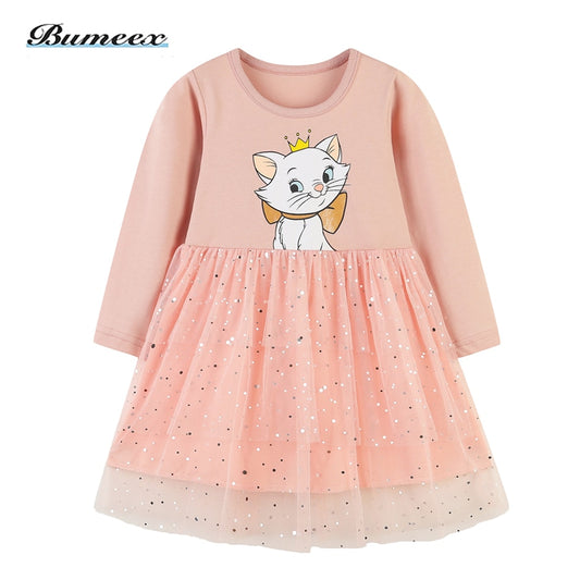 Vestido infantil feminino com manga comprida e desenhos animados