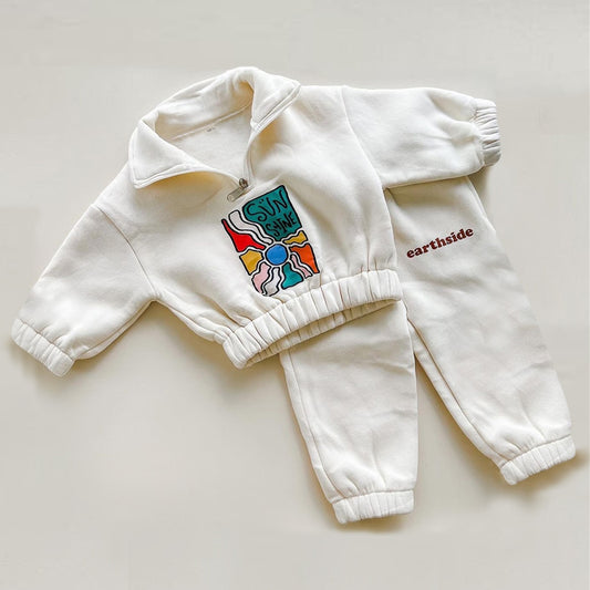 Conjunto infantil de inverno com 2 peças jaqueta de lã grossa com zíper + calça