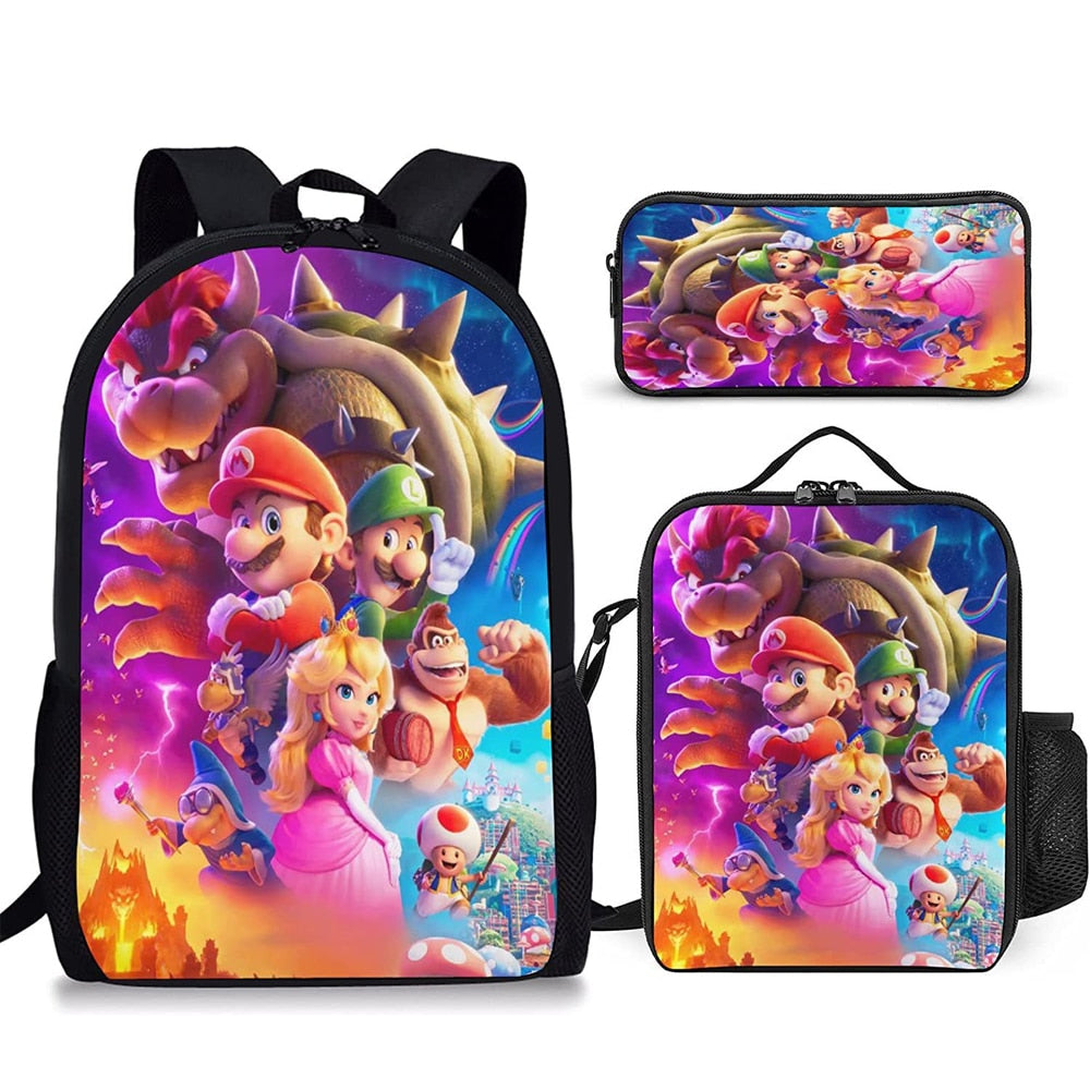 Kit escolar infantil do anime Super Mario com 3 peças bolsa +lancheira + estojo