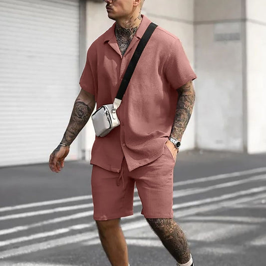 Conjunto masculino caasual de verão com 2 peças camisa de manga curta + short