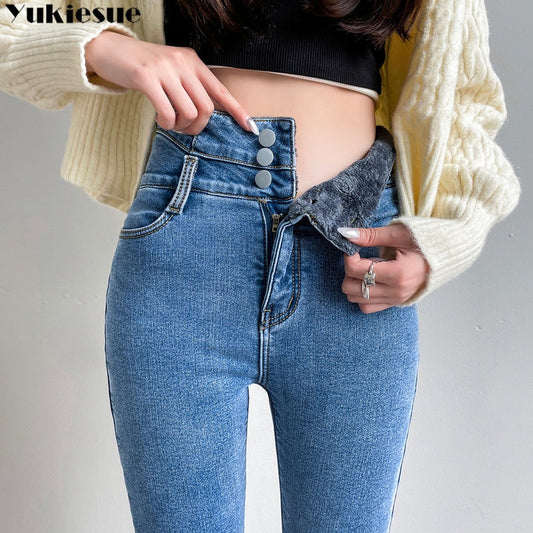 Calça jeans feminina de cintura alta forrada de lã por dentro