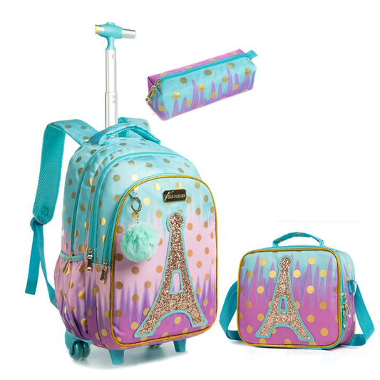 Kit escolar infantil com 3 peças mochila de rodinhas + estojo + lancheira