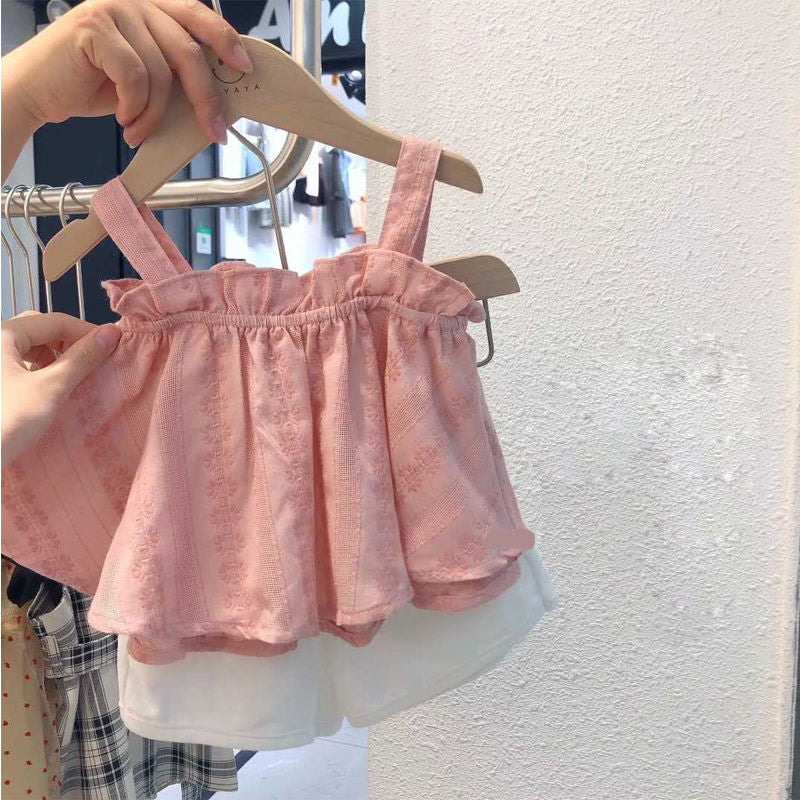 Conjunto de roupa infantil feminino suspensório rosa + short branco