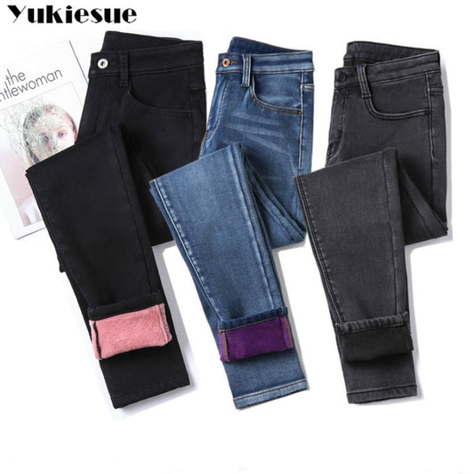 Calça jeans quente feminina com forro de veludo