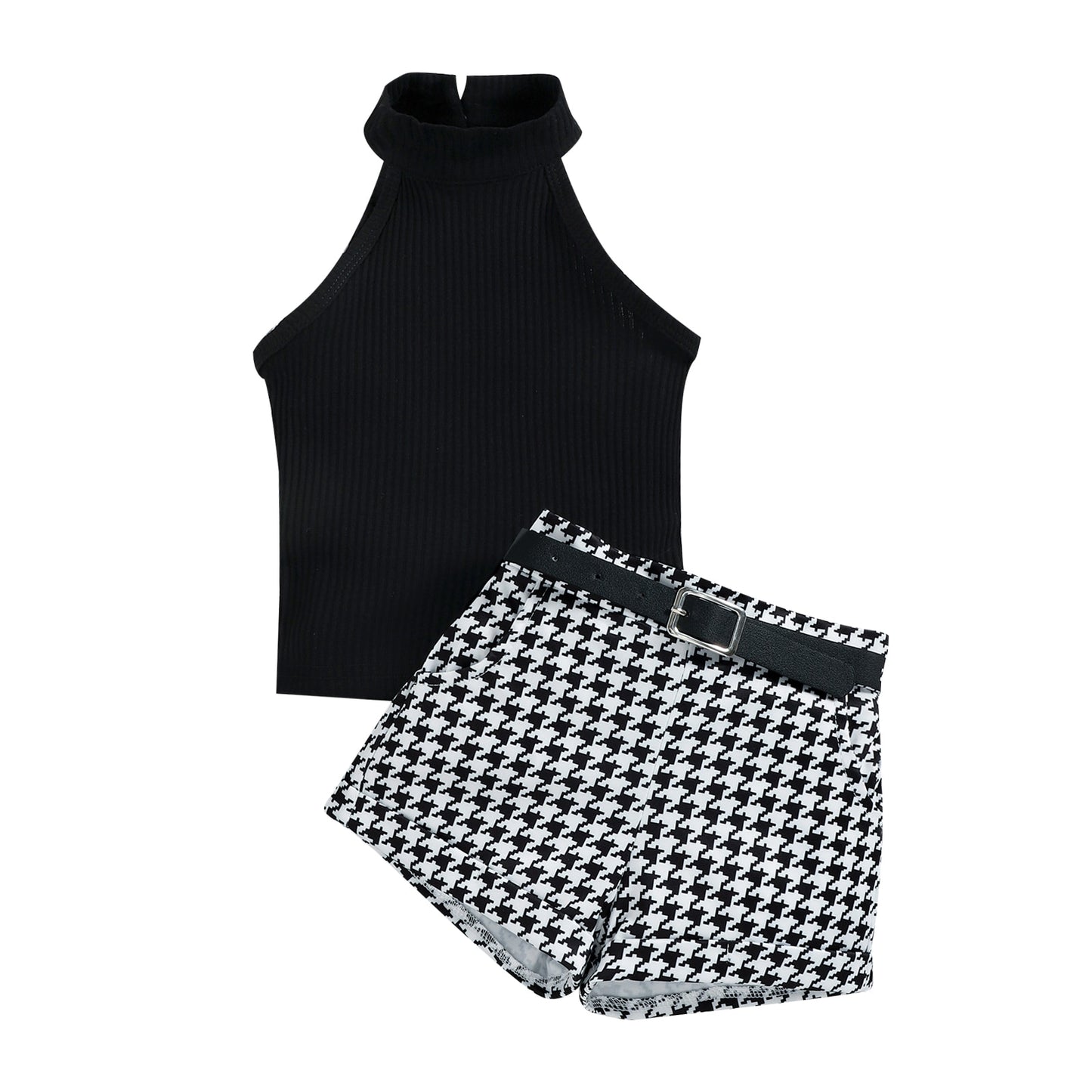 Conjunto de verão infantil feminino 3 peças short+cinto+regata